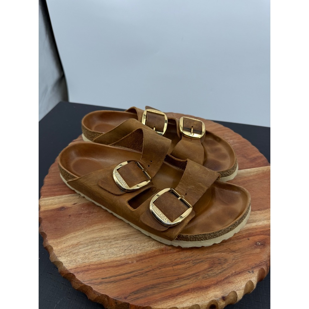 Birkenstock Arizona Big Buckle Sandals sz 39 8 Cognac Oiled Leather Gold Buckle
